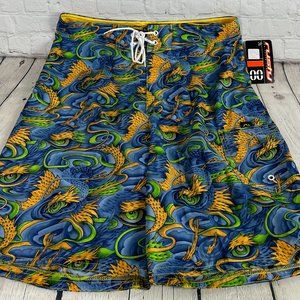 NWT VINTAGE 90'S RUSTY MEN'S AOP DRAGONS HYBRID BOARD SHORTS SIZE 33